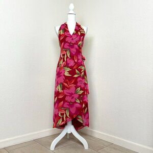 Vintage 90s 2000s pink floral v neck halter top wrap dress.